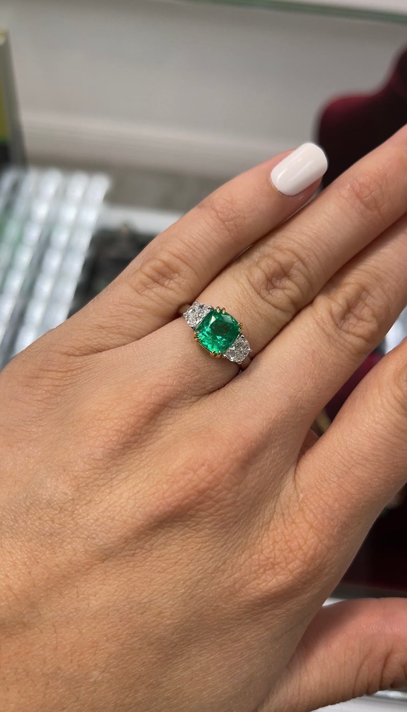 2.97tcw 18K Colombian Emerald Cushion Cut Diamond Three Stone Ring - JR Colombian Emeralds