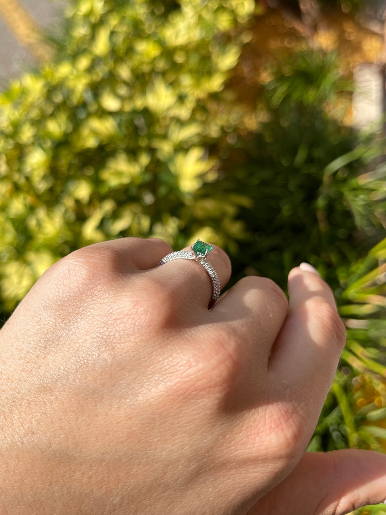 1.0tcw 14K Natural Emerald & Diamond Asscher Cut Engagement Ring