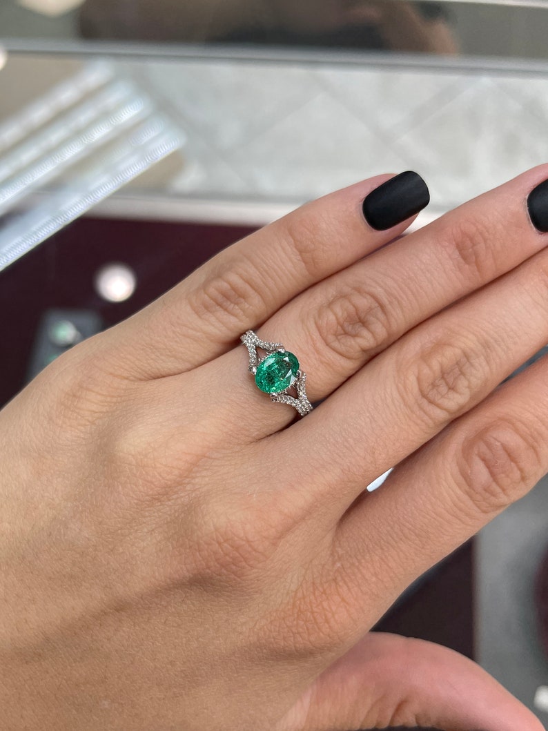 14K Natural Emerald Oval & Diamond Split Shank Engagement Ring on Hand