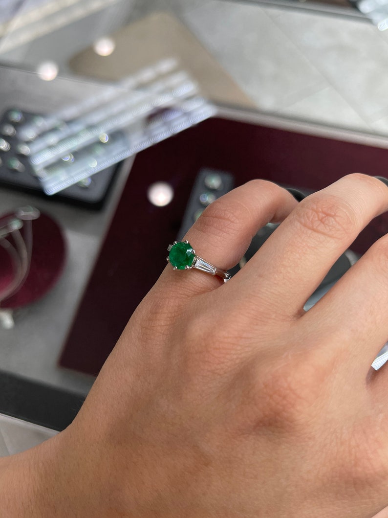 2.50tcw Natural Emerald Round Cut & Tapered Baguette Diamond Three Stone Ring - JR Colombian Emeralds