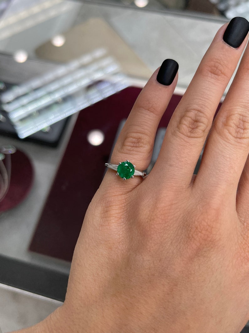 2.50tcw Natural Emerald Round Cut & Tapered Baguette Diamond Three Stone Ring - JR Colombian Emeralds