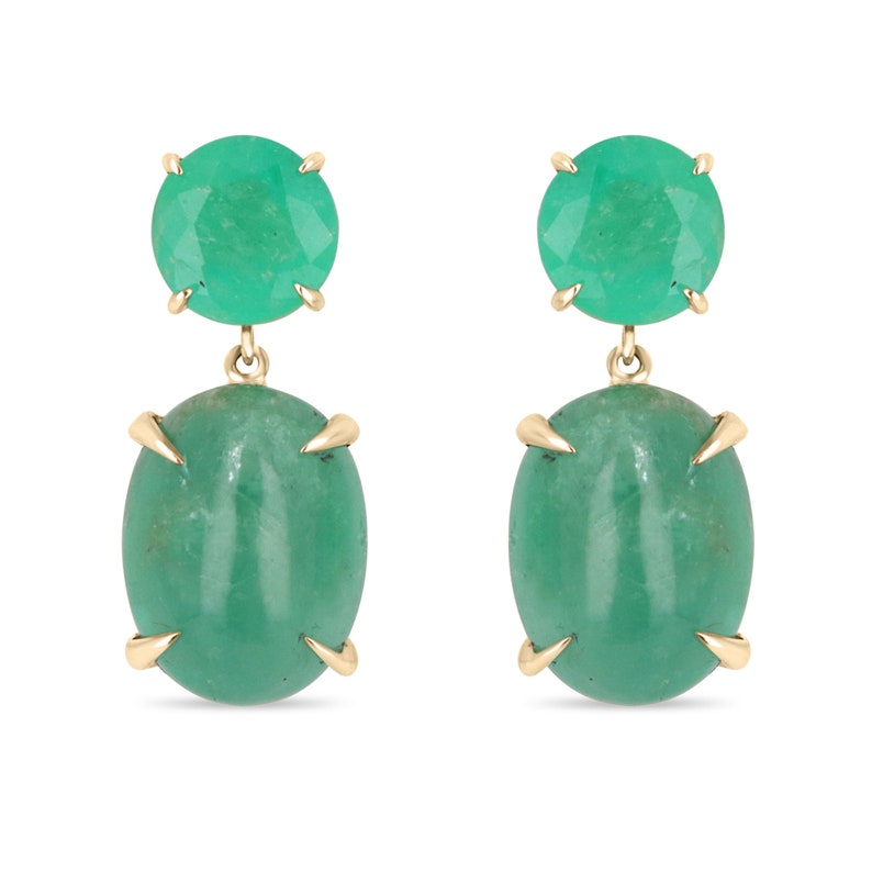 16.82tcw 14K Colombian Emerald Round and Oval Cut Yellow Gold Dangle Drop Earrings