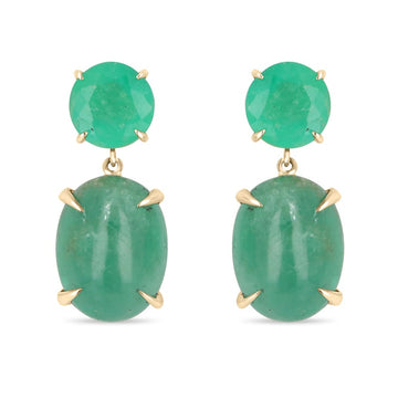 16.82tcw 14K Colombian Emerald Round and Oval Cut Yellow Gold Dangle Drop Earrings