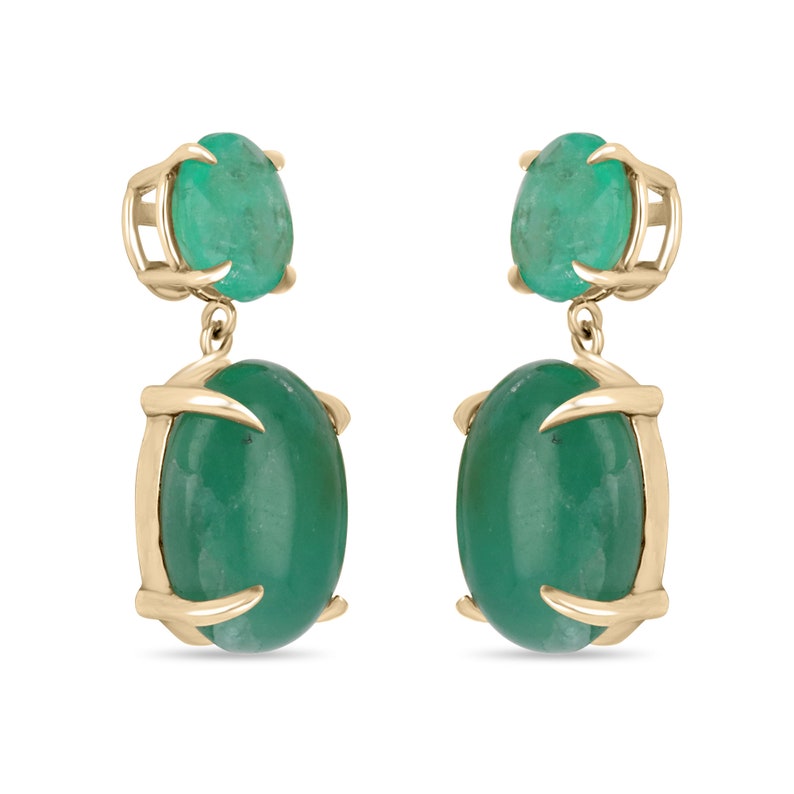 16.82 carat Statement size Colombian Emerald Round and Oval Cut Yellow Gold Dangle Earrings