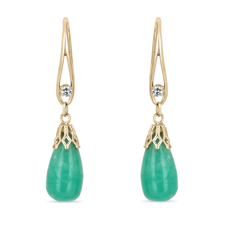 22.20tcw 14K Colombian Emerald Biolette Cabochon & Diamond Accent French Hook Earrings