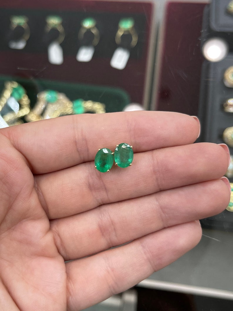 4.08tcw 14K Natural Emerald Oval Cut 4 Prong Stud Gold Earrings