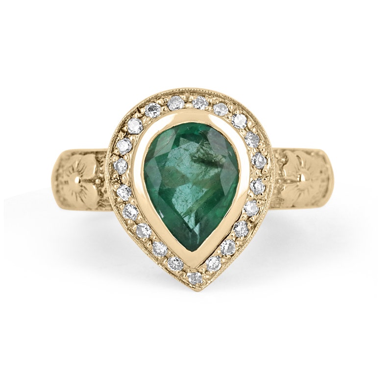 1.86tcw 14K Natural Emerald Pear Cut Floral Design Diamond Ring