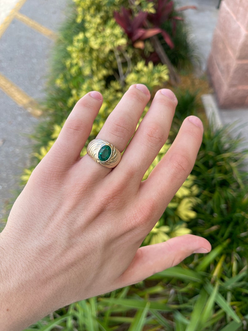 Natural Emerald Oval Cut Men's Solitaire Gold Ring on Hand