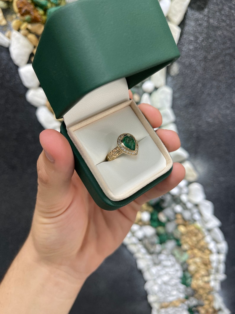 1.86tcw 14K Natural Emerald Pear Cut Floral Design Diamond Ring - JR Colombian Emeralds