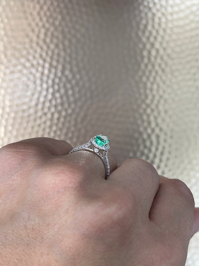 1.78tcw Tear Drop Colombian Emerald & Diamond Halo Engagement Ring 14K - JR Colombian Emeralds