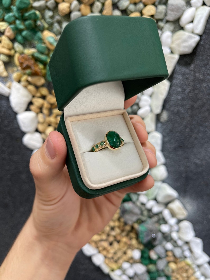 3.87tcw 14K Natural Emerald Cabochon Pinky Multi-Gemstone Shank Unisex Gold Ring