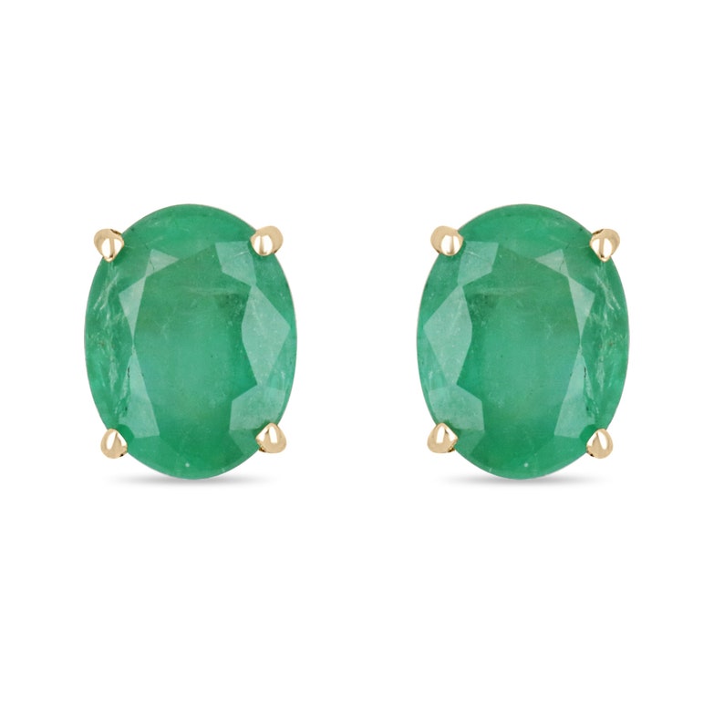 4.08tcw 14K Natural Emerald Oval Cut 4 Prong Stud Gold Earrings