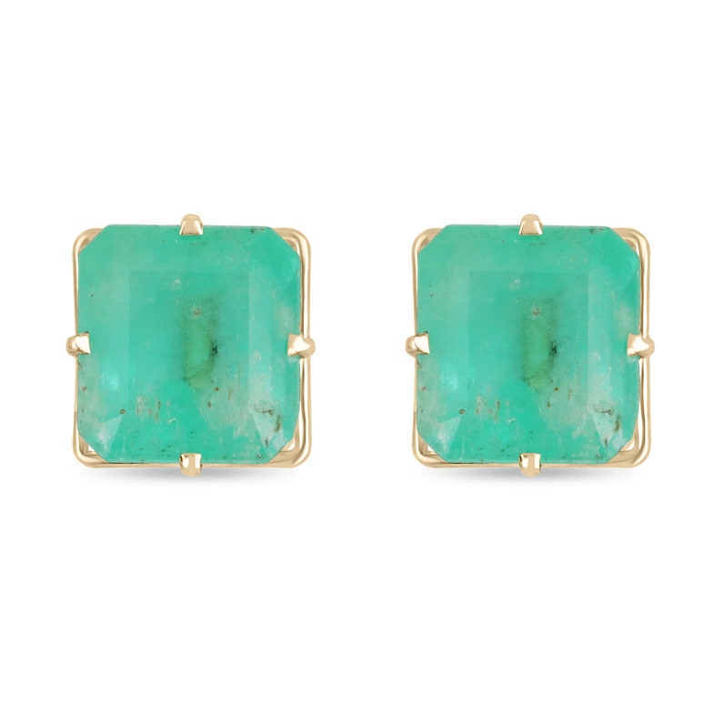 13.16tcw 14K Colombian Emerald Asscher Cut Yellow Gold Stud Earrings