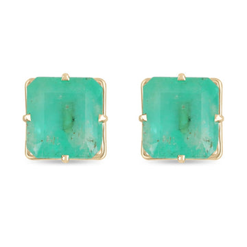 13.16tcw 14K Colombian Emerald Asscher Cut Yellow Gold Stud Earrings