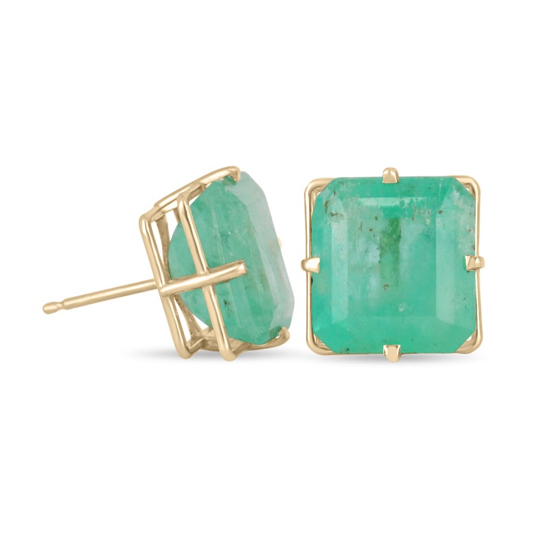 Colombian Emerald 13.16 Carat Large Asscher Cut Yellow Gold Stud Earrings 14K 