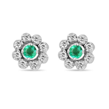 0.44tcw 14K Colombian Emerald Round Cut Diamond Accent Floral Stud Earrings