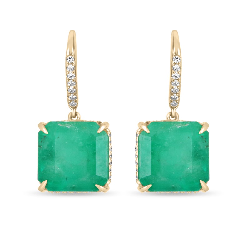 Jumbo 16.80tcw 18K Emerald and Diamond Hook Lever Back Yellow Gold Earrings