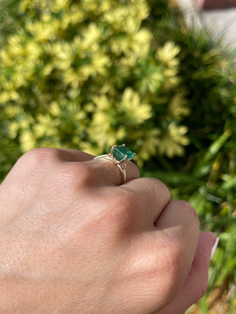 3.51tcw 14K Natural Emerald Cut & Diamond Accent Floral Engagement Ring - JR Colombian Emeralds