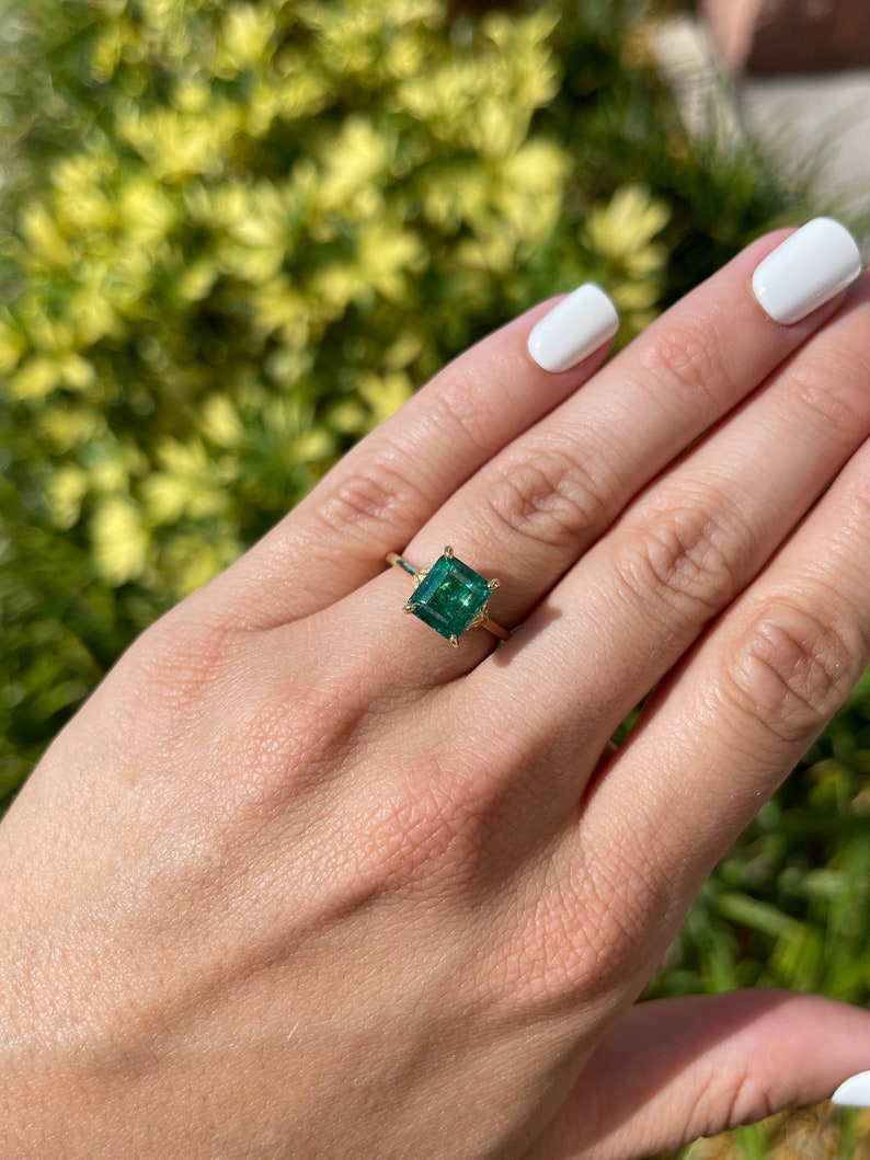 14K Natural Emerald Cut & Diamond Accent Floral Engagement Ring on Hand