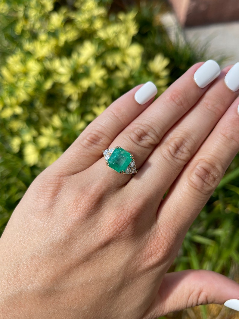 7.61tcw 18K Colombian Emerald & Diamond Accent Three Stone Engagement Ring - JR Colombian Emeralds