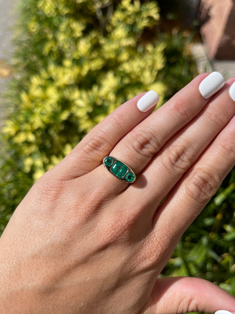 2.85tcw 14K Colombian Emerald Round Cut Three stone Diamond Ring - JR Colombian Emeralds