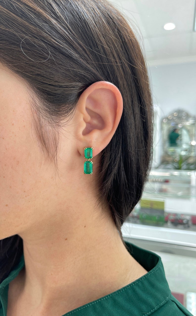AAA+ 8.93tcw TOP INVESTMENT Intensive Vivid Green Colombian Emerald 18K Yellow Gold Dangle Earrings on ear 