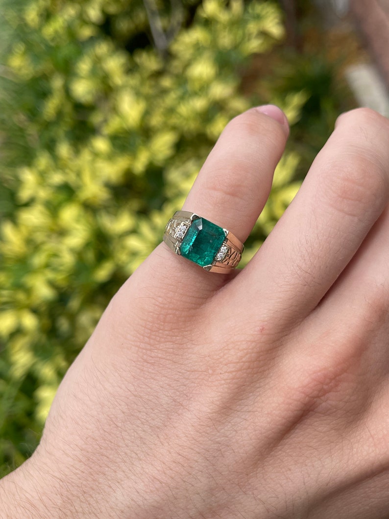 3.31tcw 14K Natural Emerald and Diamond Mens Statement Ring - JR Colombian Emeralds