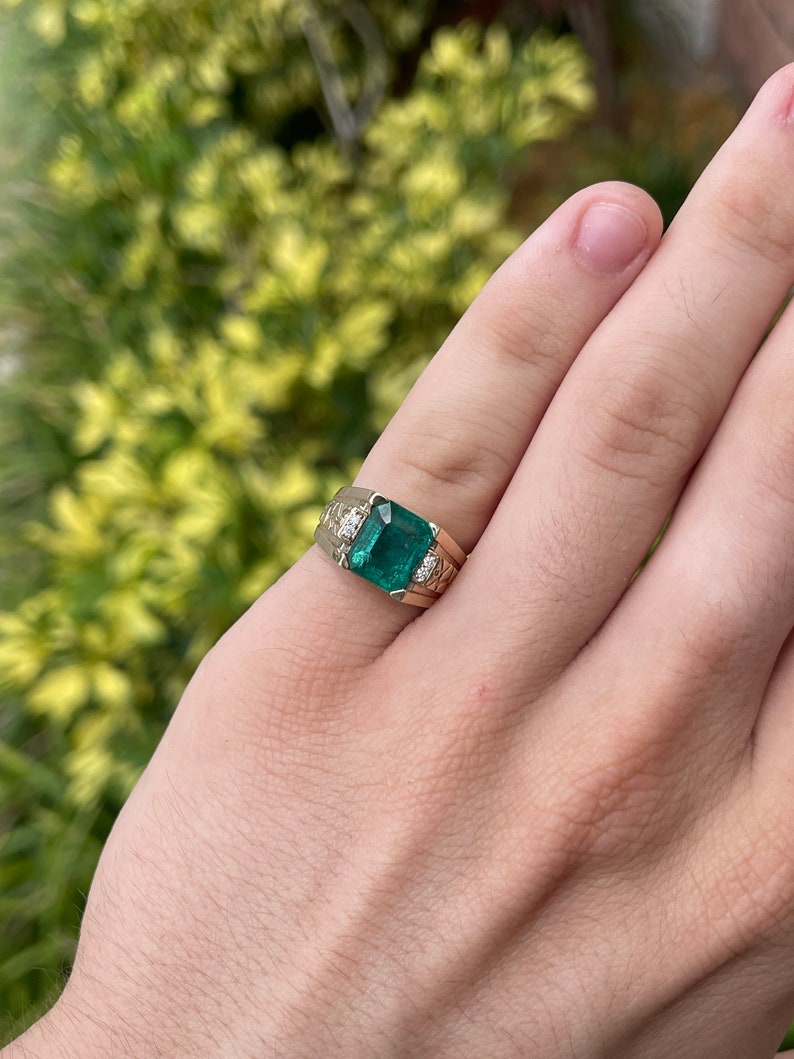 Natural Emerald and Diamond Mens Statement Ring on Hand