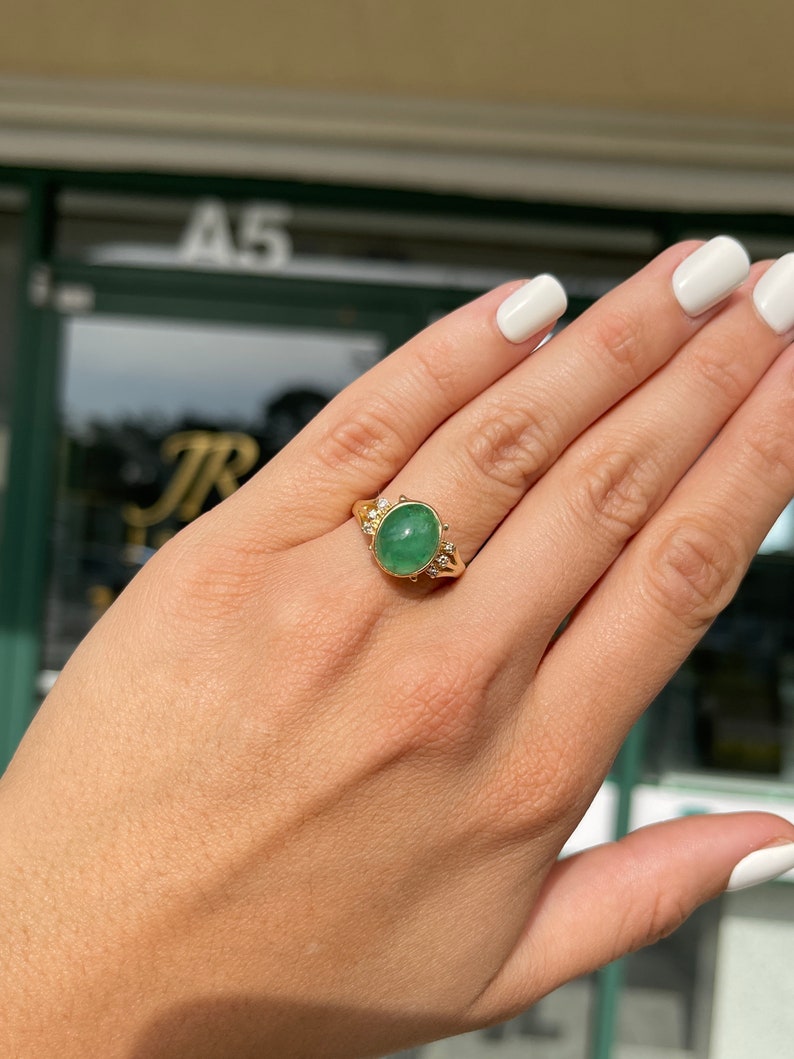 Natural Emerald Oval Cut Cabochon and Diamond Statement Ring on Hand
