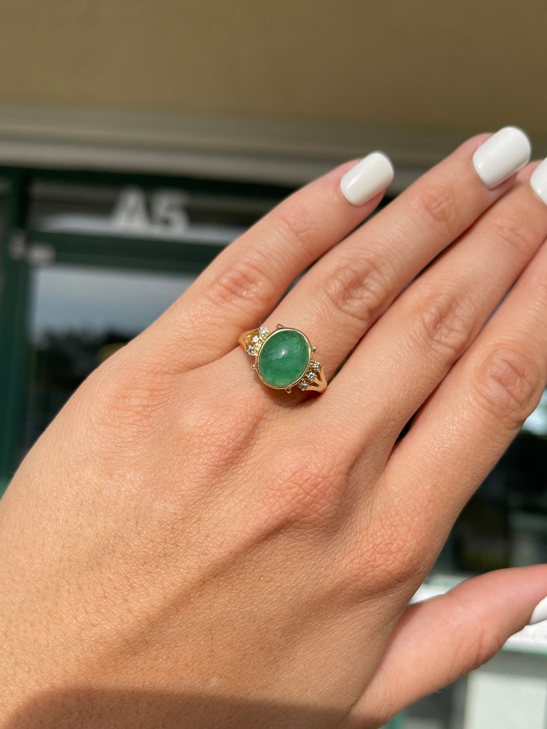 3.36tcw 14K Natural Emerald Oval Cut Cabochon and Diamond Statement Ring - JR Colombian Emeralds