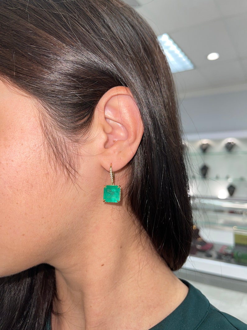 16.80tcw 18K Dark Green Colombian Emerald and Diamond Lever Back Yellow Gold Earrings - JR Colombian Emeralds