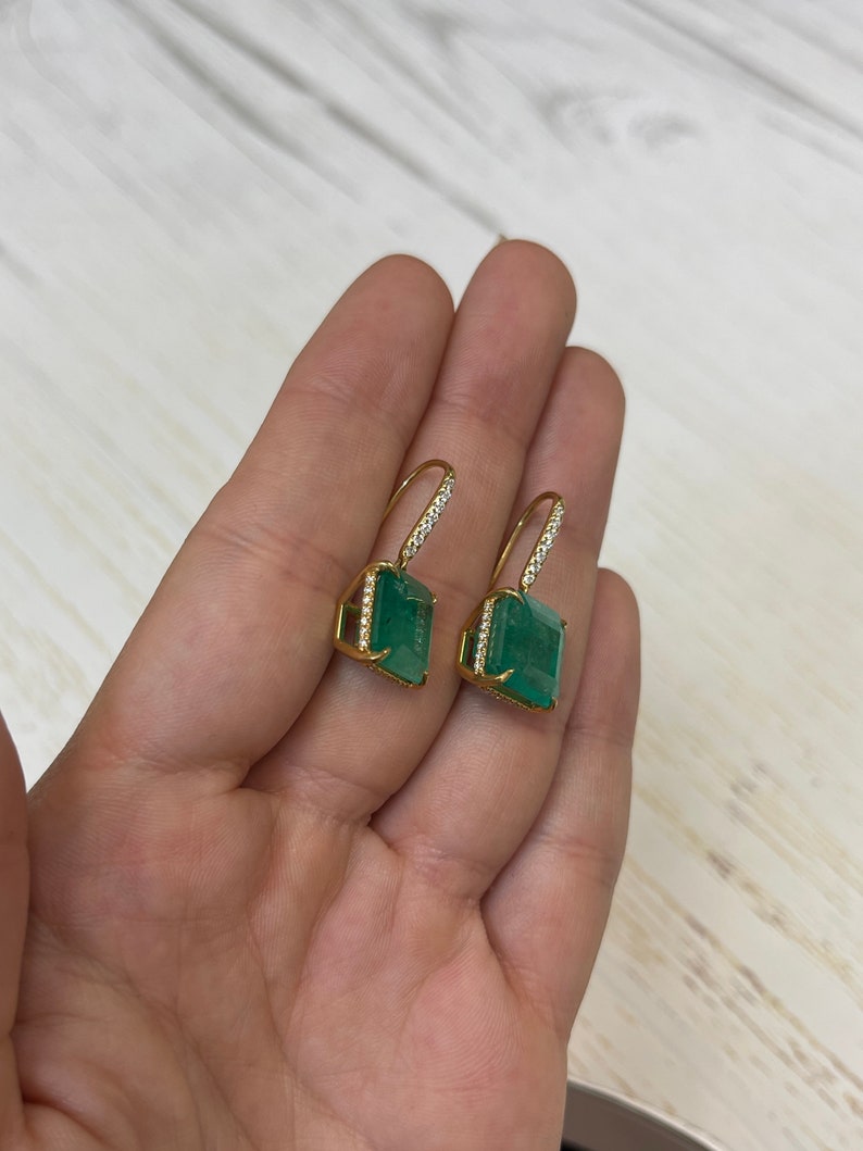 16.80tcw 18K Dark Green Colombian Emerald and Diamond Lever Back Yellow Gold Earrings