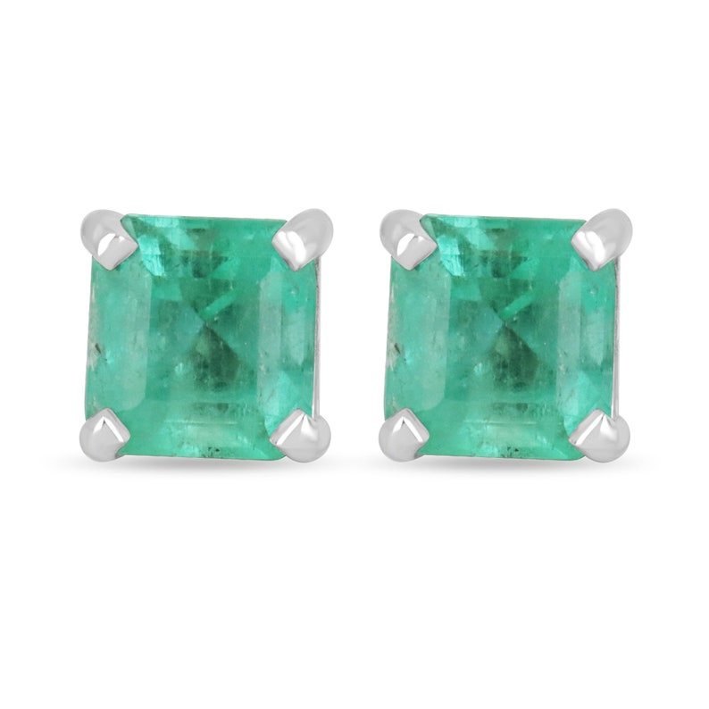 3.58tcw 14K Colombian Emerald Asscher Cut White Gold Push Back Earrings