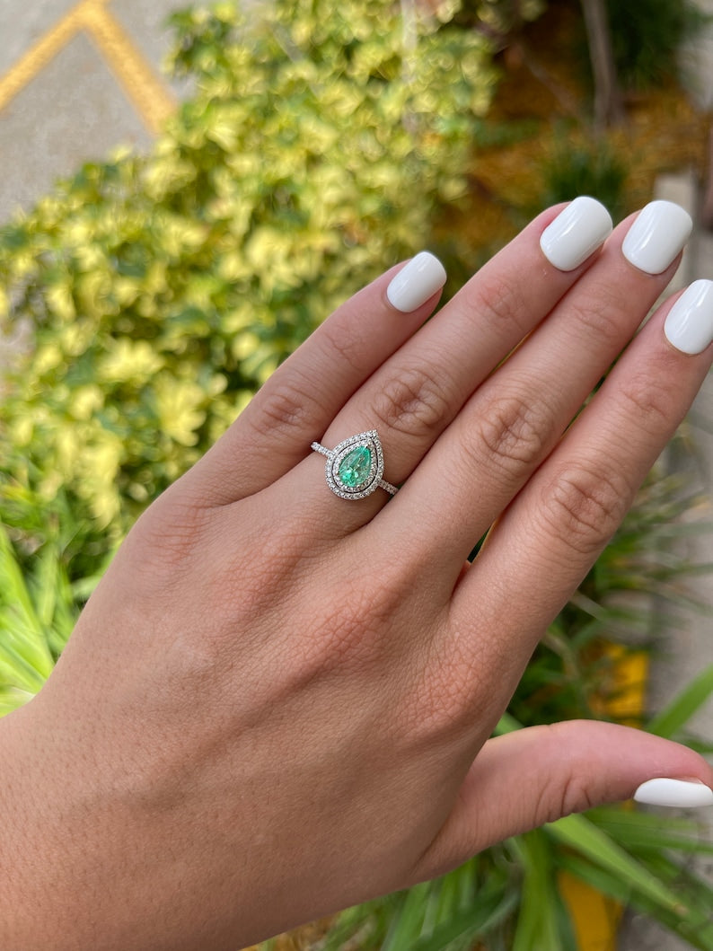 1.30tcw Emerald-Pear Cut & Diamond Double Halo Engagement Ring 14K - JR Colombian Emeralds