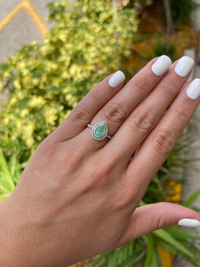 1.30tcw White Gold 14K Emerald-Pear Cut & Diamond Double Halo Engagement Ring