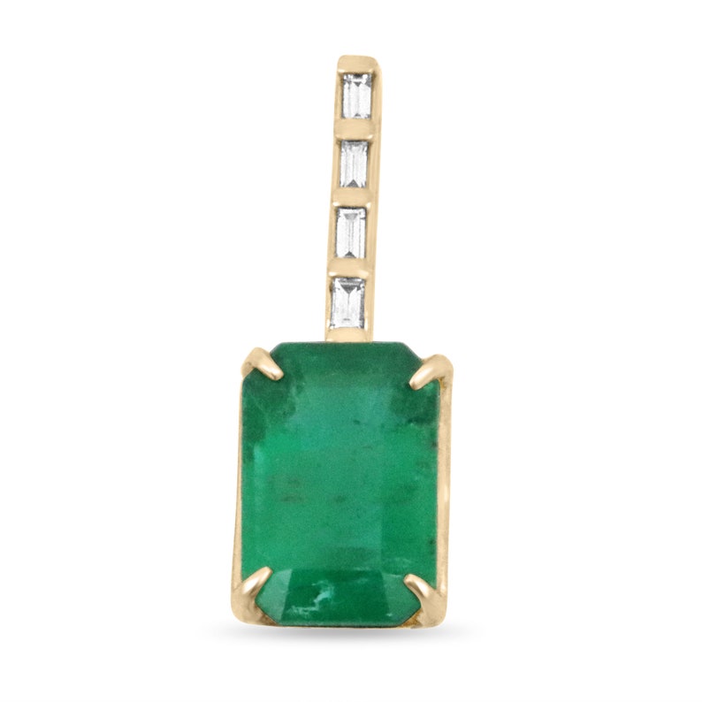 3.15tcw 14K Vertical Natural Emerald & Baguette Cut & Diamond Bail Accent Necklace
