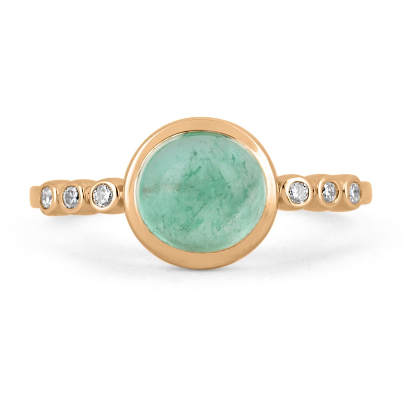 2.20tcw 14K Boho Colombian Emerald Cabochon Round & Diamond Accent Bezel Multi Gemstone Statement Rose Gold Ring