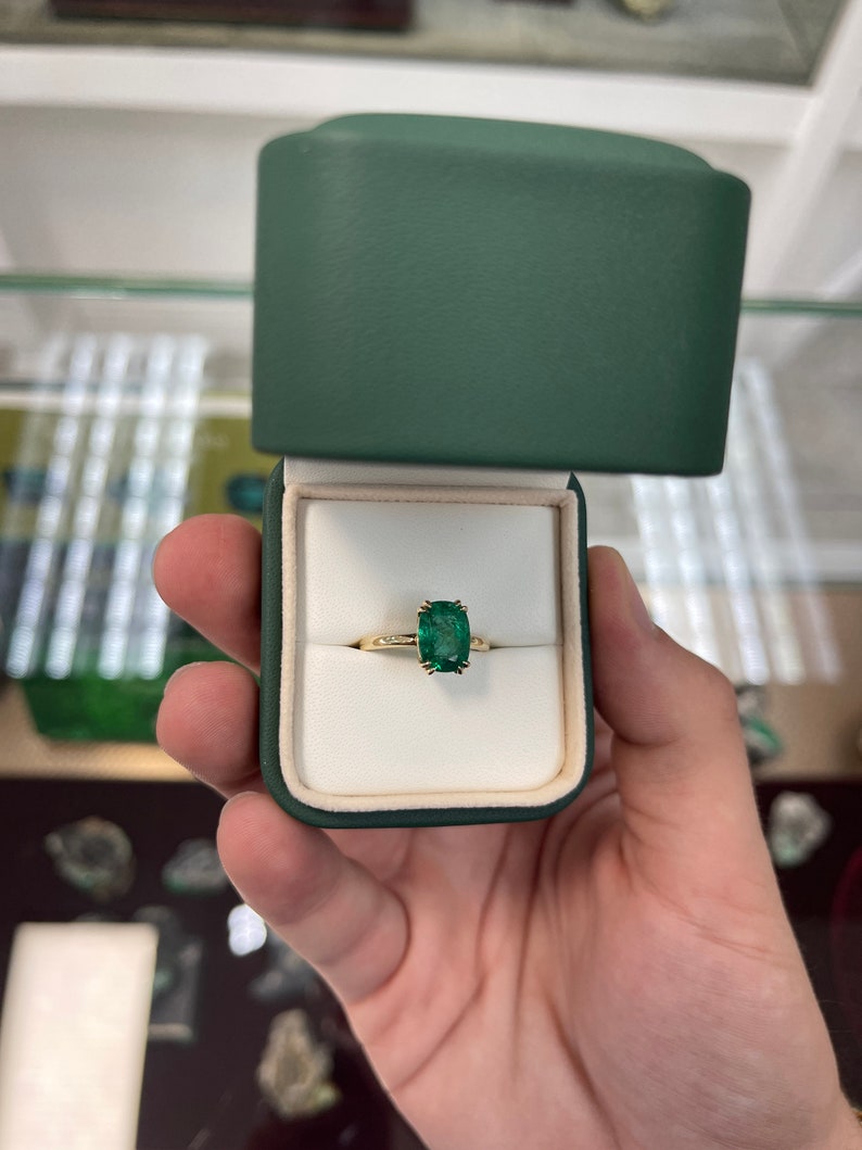 3.12cts 14K Natural Elongated Cushion Cut Emerald Solitaire Double Prong Gold Ring - JR Colombian Emeralds