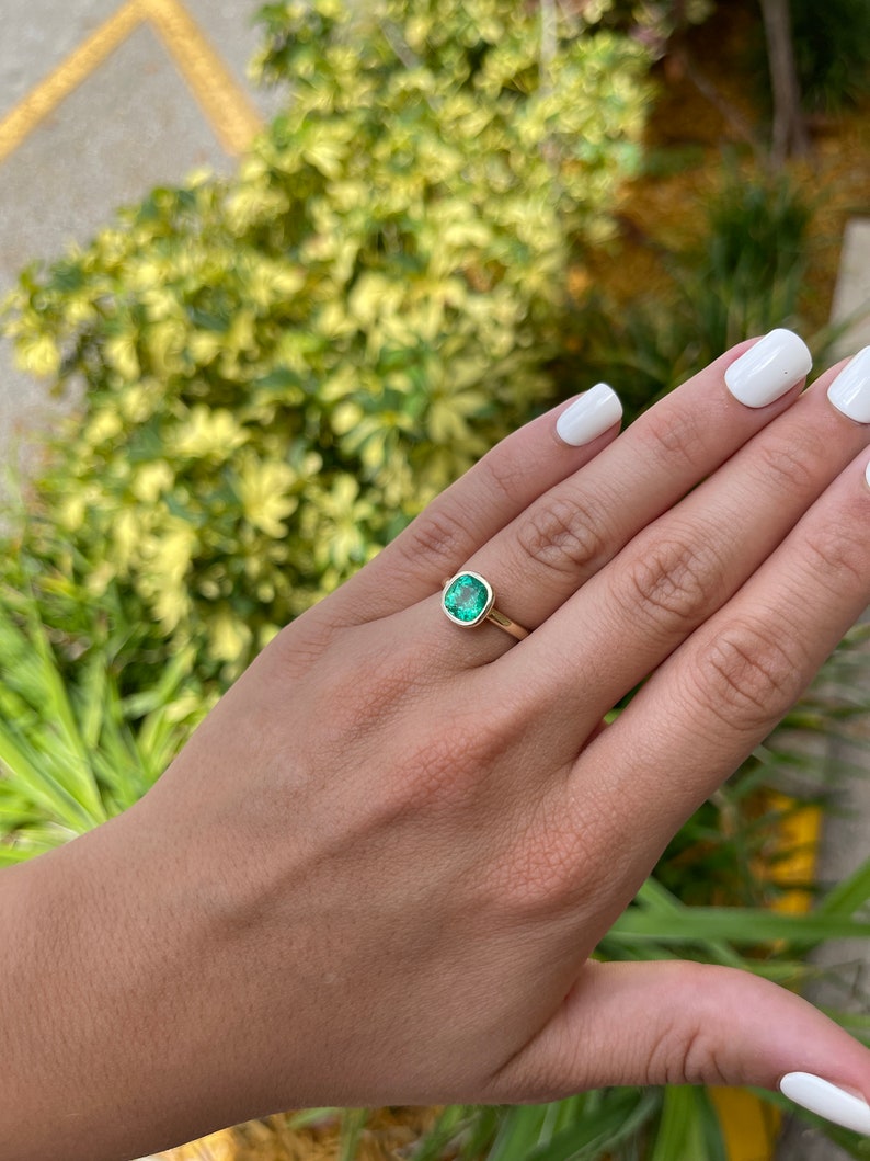 1.96cts Cushion Colombian Emerald Solitaire 14K Right Hand Gold Ring - JR Colombian Emeralds