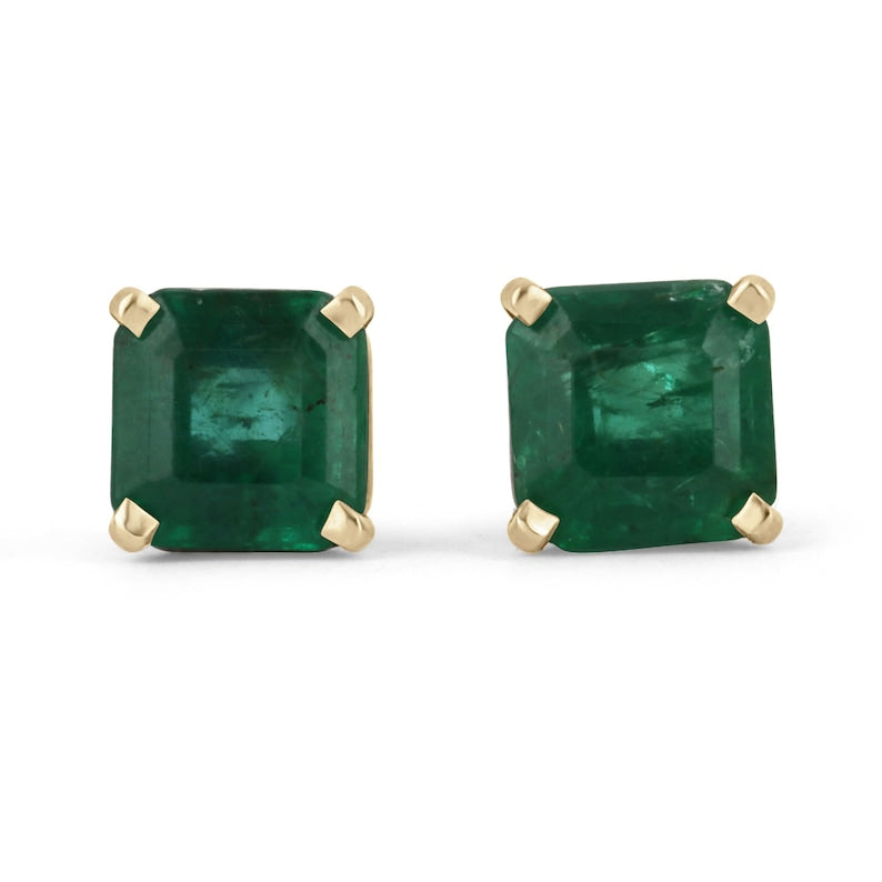 Vivid Dark Green Emerald 4 Prong May Birthstone Studs Earrings