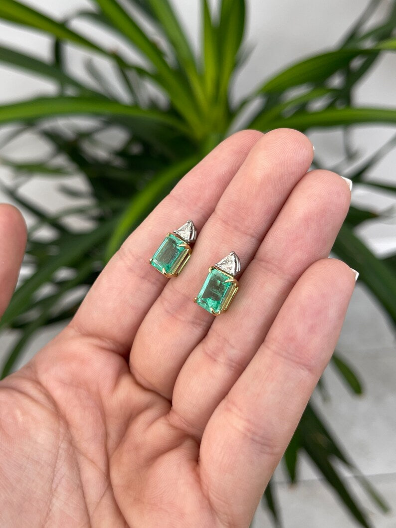 6.73tcw Plat 18K Colombian Emerald Cut & Diamond Trillion Accent Two Stone Stud Earrings