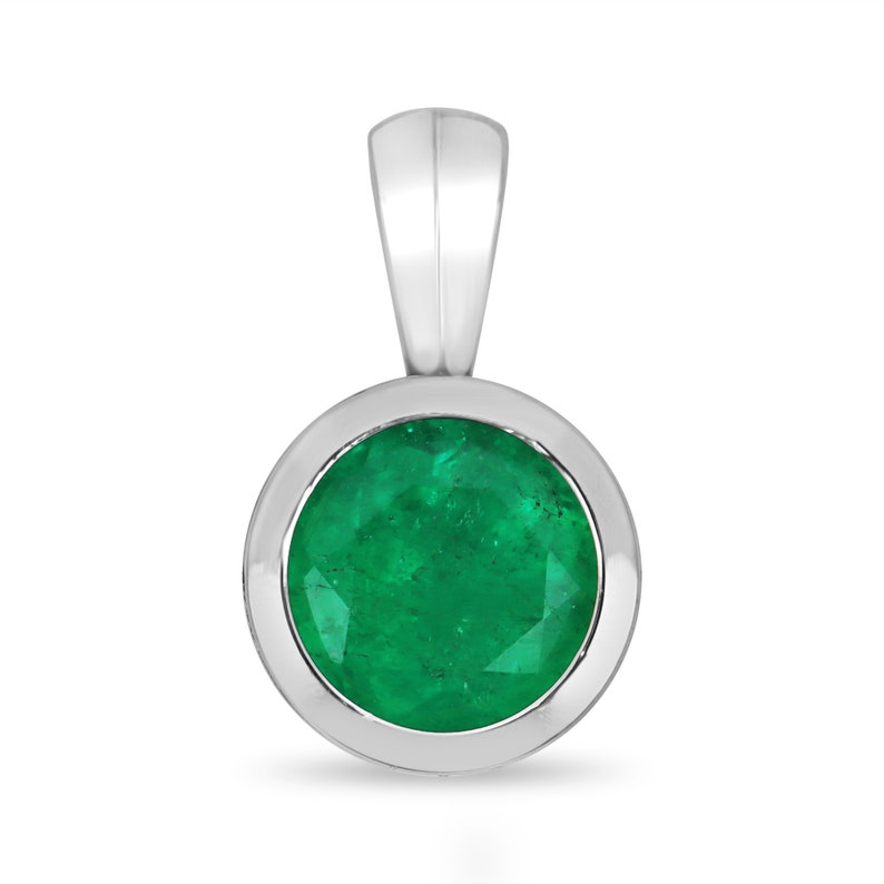 Emerald Round Cut Solitaire Bezel Set Pendant Necklace