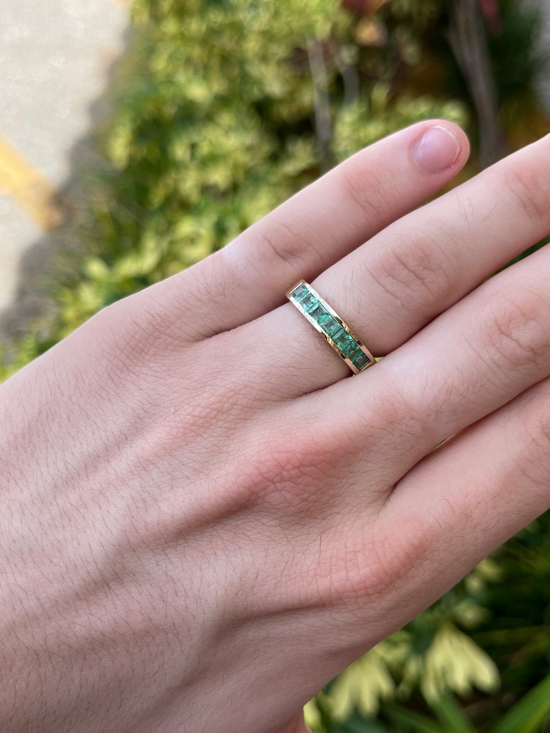 1.40tcw 14K Men's Genuine Spring Green Emerald Princess Cut Wedding Gold Band Ring