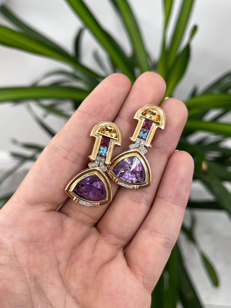 21.15tcw 14K Natural Amethyst Diamond Pink & Blue Topaz and Citrine Earrings - JR Colombian Emeralds