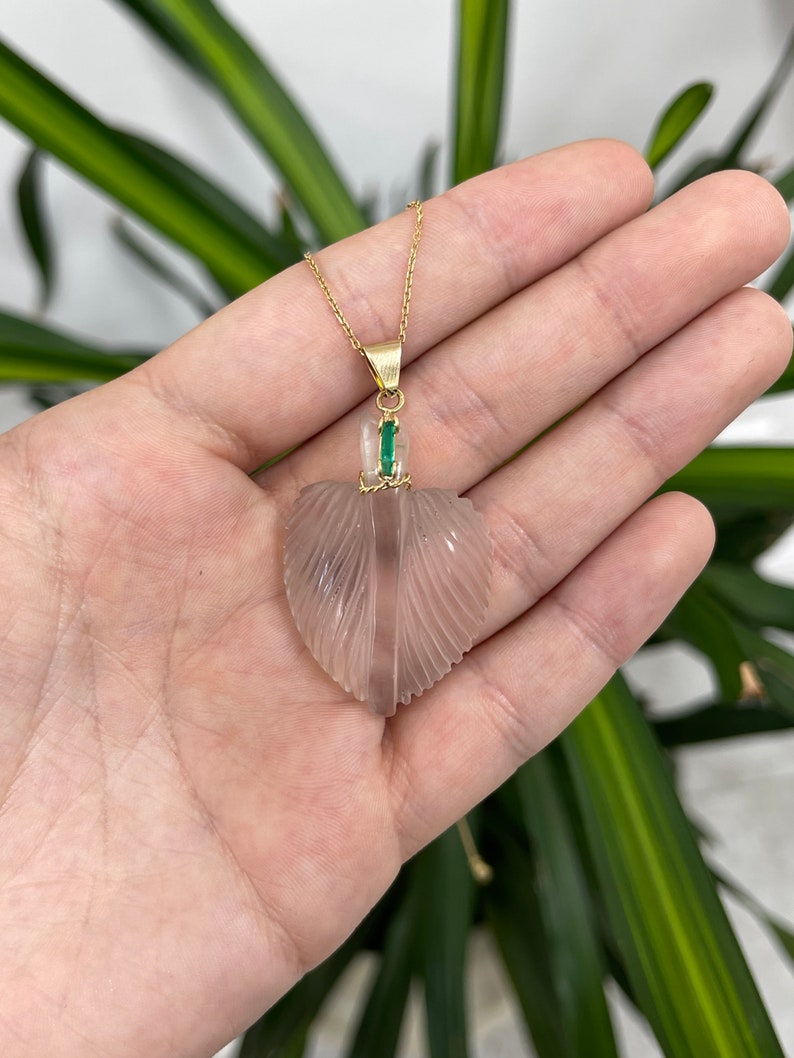Unique Leaf Carved Natural Quartz & Colombian Emerald Accent Gold 18K Pendant