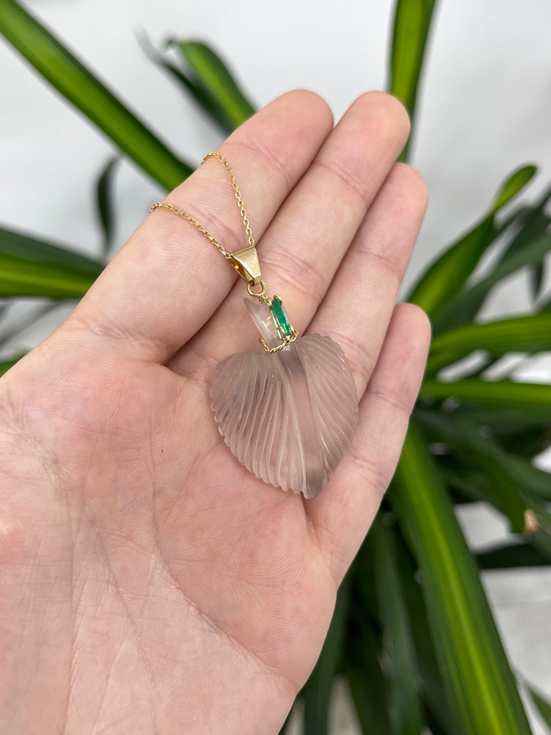 Unique Leaf Carved Natural Quartz & Colombian Emerald Accent Gold 18K Pendant