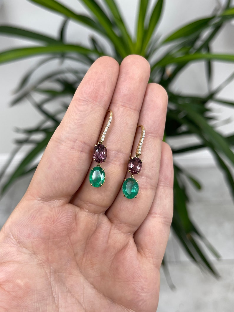 6.68tcw Luxurious 18K Natural Vivid Green Emerald Spinel & Pave Diamond Accent Dangle Hook Drop Earrings - JR Colombian Emeralds