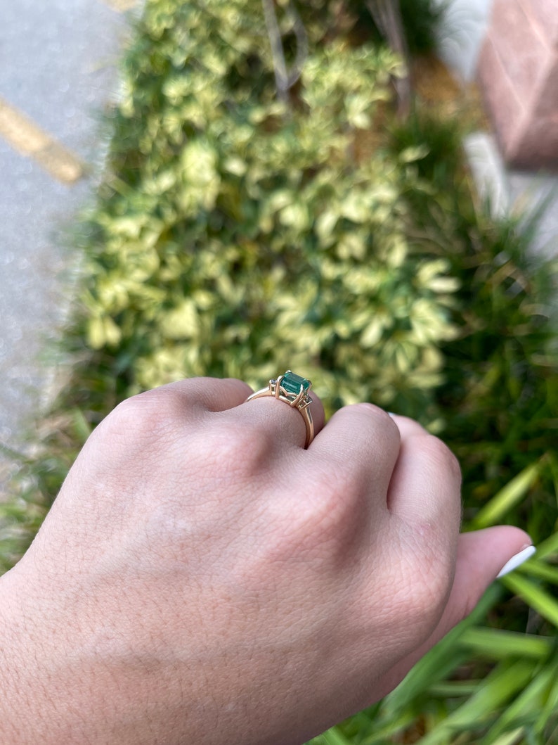 1.85tcw 14K Gold Medium Dark Green Genuine Emerald-Asscher Cut & Diamond 3-Stone Engagement Ring - JR Colombian Emeralds