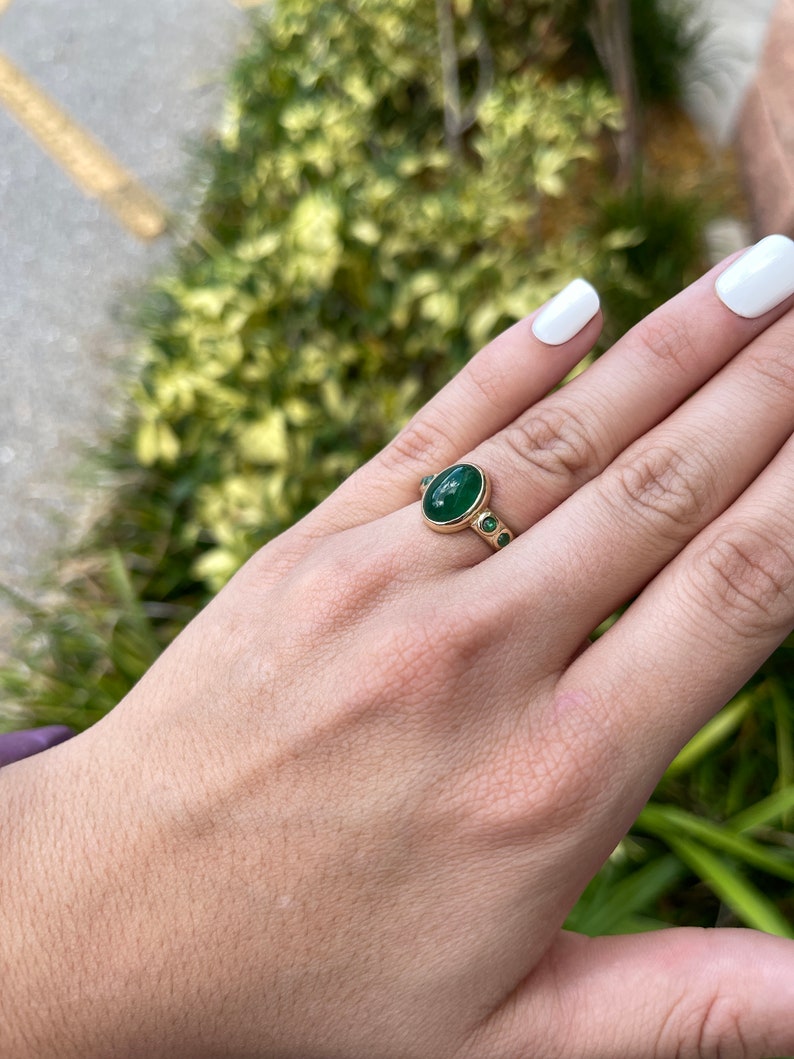 3.87tcw 14K Natural Emerald Cabochon Pinky Multi-Gemstone Shank Unisex Gold Ring - JR Colombian Emeralds