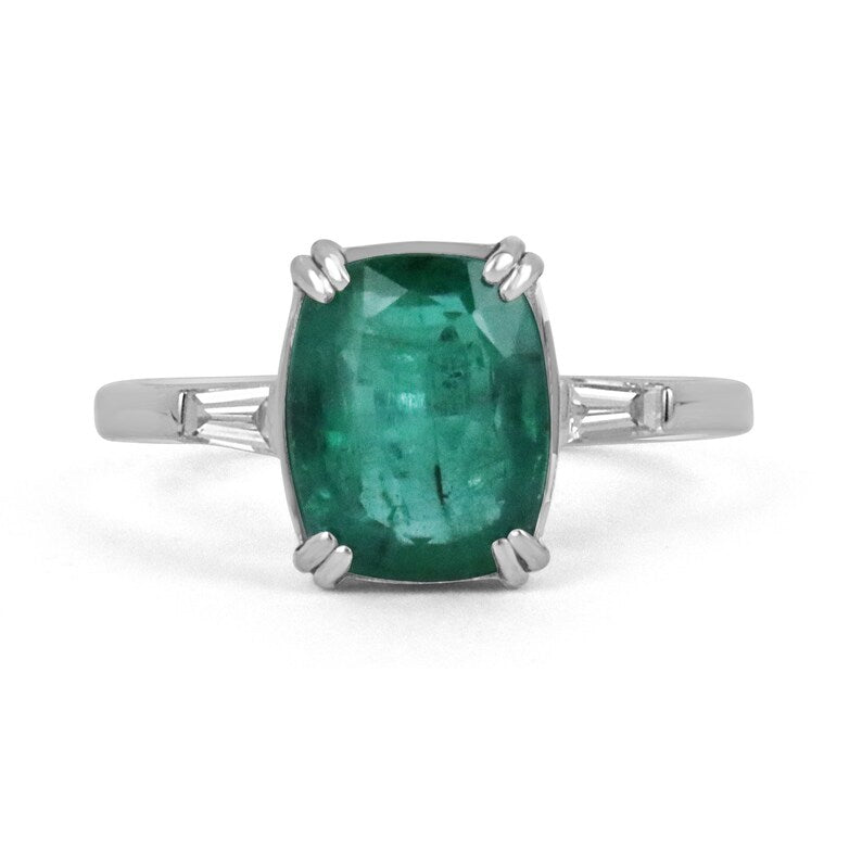 Blue Green Emerald & Diamond Baguette Engagement Ring
